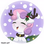 Size: 2028x2048 | Tagged: safe, artist:eltrash_art6, part of a set, sweetie belle, g4, antlers, blushing, christmas, cute, cutie mark crusaders, diasweetes, eyes closed, female, filly, foal, holiday, holly, holly mistaken for mistletoe, horn, icon, outdoors, profile picture, reindeer antlers, smiling, snow, solo