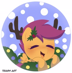 Size: 2028x2048 | Tagged: safe, artist:eltrash_art6, part of a set, scootaloo, pegasus, pony, g4, antlers, blushing, christmas, cute, cutealoo, eyes closed, female, filly, foal, holiday, holly, icon, orange coat, outdoors, purple mane, reindeer antlers, snow, solo, wings