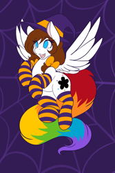 Size: 1365x2048 | Tagged: safe, artist:mscolorsplash, oc, oc only, oc:color splash, pegasus, pony, clothes, female, flying, halloween, hat, holiday, mare, no pupils, open mouth, open smile, smiling, socks, solo, spread wings, striped socks, wings, witch hat