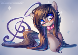 Size: 1414x1000 | Tagged: safe, artist:chaosangeldesu, octavia melody, earth pony, pony, g4, blushing, bowtie, cute, eye clipping through hair, eyebrows, eyebrows visible through hair, female, heart, heart eyes, long mane, looking at you, lying down, mare, music notes, octavia's bowtie, prone, smiling, smiling at you, solo, tavibetes, treble clef, wingding eyes