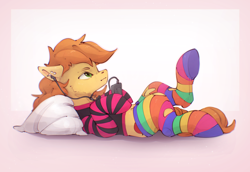 Size: 2966x2037 | Tagged: safe, artist:itssim, braeburn, earth pony, pony, g4, clothes, lacrimal caruncle, lying down, male, on back, pillow, rainbow socks, socks, solo, stallion, striped socks