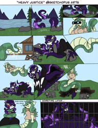 Size: 2048x2663 | Tagged: safe, artist:blazep0ny, oc, oc:lamey, oc:stella, lamia, octopus, original species, snake, snake pony, wolf, anthro, binoculars, body slam, coils, comic, dialogue, hole, jail, jewelry, makeup, onomatopoeia, river, tentacles, water