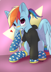 Size: 2480x3508 | Tagged: safe, artist:playful wings, rainbow dash, pegasus, pony, g4, band-aid, band-aid on nose, blushing, clothes, cute, female, gradient background, high res, hoodie, mare, ponytail, socks, solo, tugging, wings