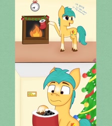 Size: 691x776 | Tagged: safe, artist:heart k art, hitch trailblazer, earth pony, pony, spider, series:heart k art g5 advent calendar, g5, 2 panel comic, advent calendar, christmas, christmas stocking, christmas tree, comic, fireplace, holiday, indoors, male, monologue, solo, stallion, talking, tree