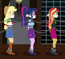 Size: 1627x1468 | Tagged: safe, artist:robukun, applejack, sci-twi, sunset shimmer, twilight sparkle, human, equestria girls, g4, bondage, bound and gagged, chains, cloth gag, gag, humanized