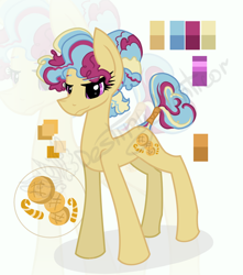 Size: 1138x1286 | Tagged: safe, artist:destiny_manticor, oc, oc only, unnamed oc, earth pony, pony, adoptable, auction, body markings, bun hairstyle, curly mane, cutie mark, female, food, mare, obtrusive watermark, palette, reference sheet, signature, simple background, solo, tail, three quarter view, three toned mane, watermark