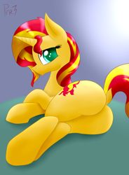 Size: 1250x1700 | Tagged: safe, artist:p0nfir3, sunset shimmer, pony, unicorn, g4, bunset shimmer, butt, dock, female, horn, looking at you, looking back, looking back at you, lying down, plot, solo, tail