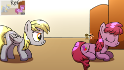 Size: 3840x2160 | Tagged: safe, artist:yourboimario, berry punch, berryshine, derpy hooves, earth pony, pegasus, pony, your little cat 3, g4, behaving like a cat, duo, female, mare