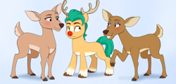 Size: 3855x1855 | Tagged: artist needed, source needed, safe, hitch trailblazer, deer, earth pony, pony, reindeer, g5, clothes, cloven hooves, costume, female, hitch trailblazer gets all the creatures, horns, male, red nose, rudolph the red nosed reindeer, stallion, straight, trio