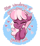 Size: 1077x1218 | Tagged: safe, artist:lou, cheerilee, earth pony, pony, g4, abstract background, bust, demotivational poster, eyes closed, female, giggling, heart, mare, meme, mood whiplash, solo, text