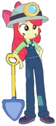 Size: 685x1536 | Tagged: safe, edit, edited screencap, screencap, apple bloom, human, equestria girls, g4, my little pony equestria girls: choose your own ending, opening night, background removed, blurry, boots, clothes, coal miner, headlamp, helmet, mining helmet, not a vector, overalls, shoes, shovel, simple background, solo, transparent background