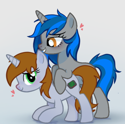 Size: 1290x1280 | Tagged: safe, oc, oc only, oc:homage, oc:littlepip, unicorn, fallout equestria, duet, female, heart, horn, hug, hug from behind, lesbian, oc x oc, ship:pipmage, shipping