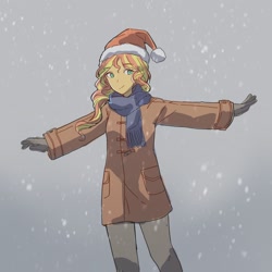 Size: 2048x2048 | Tagged: safe, artist:dusknebula, sunset shimmer, human, equestria girls, g4, christmas, clothes, female, gloves, gradient background, hat, holiday, looking at you, outdoors, santa hat, scarf, smiling, snow, snowfall, solo, winter outfit