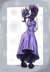 Size: 1640x2360 | Tagged: safe, artist:stirren, oc, oc:weel'kha, kirin, anthro, anthro oc, clothes, collar, dress, hands behind back, hooves, horn, kirin oc, long dress, looking down, pinup, pose, shy, smiling, socks