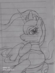 Size: 3000x4000 | Tagged: safe, artist:siduyi, princess luna, alicorn, pony, g4, butt, female, grayscale, horn, lying down, mare, monochrome, on side, plot, solo, tail, traditional art