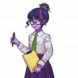 Size: 2048x2048 | Tagged: safe, artist:dusknebula, sci-twi, twilight sparkle, human, equestria girls, g4, clipboard, clothes, female, glasses, hair bun, looking at you, necktie, office lady, open mouth, pen, simple background, skirt, solo, white background