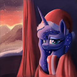 Size: 1549x1549 | Tagged: safe, artist:maretian, princess luna, alicorn, pony, g4, blanket, blanket burrito, christmas, clothes, curtains, ethereal mane, female, hat, holiday, lidded eyes, looking at you, mare, santa hat, scarf, smiling, snow, snowfall, solo, starry mane, window, winter