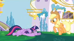 Size: 1280x720 | Tagged: safe, screencap, applejack, twilight sparkle, alicorn, earth pony, g4, my little pony: friendship is magic, princess twilight sparkle (episode), canterlot, female, twilight sparkle (alicorn)