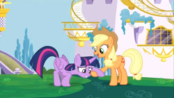 Size: 1280x720 | Tagged: safe, screencap, applejack, twilight sparkle, alicorn, earth pony, g4, my little pony: friendship is magic, princess twilight sparkle (episode), canterlot, female, twilight sparkle (alicorn)