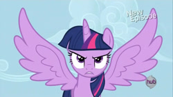 Size: 1280x720 | Tagged: safe, screencap, twilight sparkle, alicorn, g4, my little pony: friendship is magic, princess twilight sparkle (episode), female, hub logo, logo, solo, spread wings, the hub, twilight sparkle (alicorn), wings