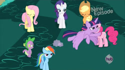 Size: 1280x720 | Tagged: safe, screencap, applejack, fluttershy, pinkie pie, rainbow dash, rarity, spike, twilight sparkle, alicorn, g4, my little pony: friendship is magic, princess twilight sparkle (episode), hub logo, logo, mane six, the hub, twilight sparkle (alicorn)