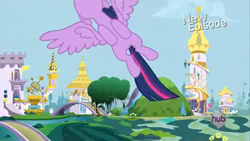 Size: 1280x720 | Tagged: safe, twilight sparkle, alicorn, g4, my little pony: friendship is magic, princess twilight sparkle (episode), canterlot, flying, hub logo, logo, solo, the hub, twilight sparkle (alicorn)