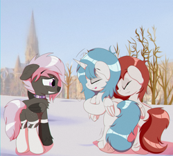 Size: 2500x2256 | Tagged: safe, artist:trackheadtherobopony, oc, oc:kira (fl), oc:nara (fl), oc:onyx star, alicorn, pegasus, edinburgh, nervous, nervous smile, shivering, smiling, snow, winter