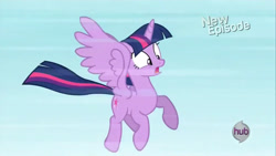 Size: 1280x720 | Tagged: safe, screencap, twilight sparkle, alicorn, g4, my little pony: friendship is magic, princess twilight sparkle (episode), female, flying, hub logo, logo, solo, the hub, twilight sparkle (alicorn)