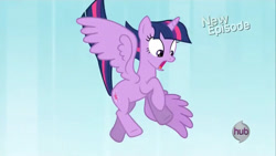 Size: 1280x720 | Tagged: safe, screencap, twilight sparkle, alicorn, g4, my little pony: friendship is magic, princess twilight sparkle (episode), falling, female, flying, hub logo, logo, solo, the hub, twilight sparkle (alicorn)