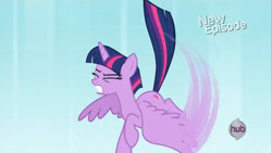 Size: 1280x720 | Tagged: safe, screencap, twilight sparkle, alicorn, g4, my little pony: friendship is magic, princess twilight sparkle (episode), falling, female, flying, hub logo, logo, solo, the hub, twilight sparkle (alicorn)