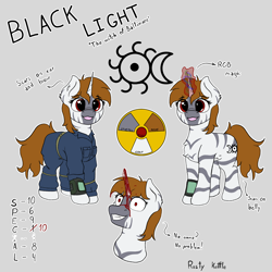 Size: 2048x2048 | Tagged: safe, artist:rusty kettle, oc, oc only, oc:black light, hybrid, unicorn, zony, fallout equestria, blood, fallout equestria: magnum opus, horn, pipbuck, red eyes, reference sheet, solo, stripes