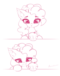 Size: 1467x1848 | Tagged: safe, artist:airiniblock, pinkie pie, earth pony, pony, g4, cherry, cupcake, food, imminent consumption, kitchen eyes, licking, licking lips, sketch, tongue out