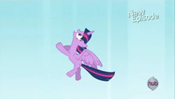 Size: 1280x720 | Tagged: safe, screencap, twilight sparkle, alicorn, g4, my little pony: friendship is magic, princess twilight sparkle (episode), female, flying, hub logo, logo, solo, the hub, twilight sparkle (alicorn)