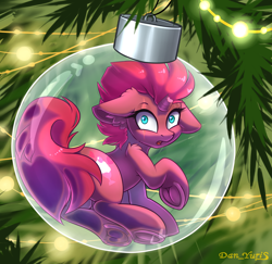 Size: 2400x2330 | Tagged: safe, alternate version, artist:yuris, tempest shadow, pony, unicorn, g4, advertisement, ball, bauble, broken horn, christmas, christmas ornament, christmas tree, commission, cute, decoration, frog (hoof), garland, glass, holiday, horn, looking at you, looking back, micro, multi ych "christmas ball", open mouth, scar, sitting, solo, tree, underhoof, ych result, your character here