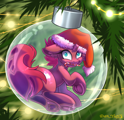 Size: 2400x2330 | Tagged: safe, alternate version, artist:yuris, tempest shadow, pony, unicorn, g4, :3, advertisement, ball, bauble, broken horn, candy, candy cane, christmas, christmas ornament, christmas tree, commission, cute, decoration, food, frog (hoof), garland, glass, hat, holiday, horn, looking at you, looking back, micro, multi ych "christmas ball", santa hat, scar, sitting, smiling, smiling at you, solo, tree, underhoof, ych result, your character here