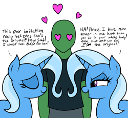 Size: 1621x1500 | Tagged: safe, artist:vomitvomiting, trixie, oc, oc:anon, human, pony, unicorn, g4, clone, clothes, dialogue, drawthread, eyes closed, female, floating heart, heart, heart eyes, horn, mare, open mouth, open smile, requested art, self paradox, self ponidox, shirt, simple background, smiling, trio, white background, wingding eyes