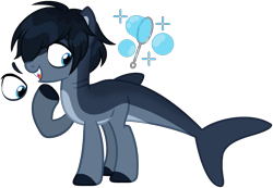 Size: 2309x1597 | Tagged: safe, artist:strawberry-spritz, oc, oc only, oc:kai, original species, shark, shark pony, base used, black mane, blue eyes, blue hooves, colored belly, colored eyebrows, colored hooves, commission, countershading, eye markings, facial markings, fins, fish tail, gills, hooves, looking back, male, male oc, open mouth, open smile, pale belly, profile, raised hoof, shark tail, sharp teeth, shiny mane, simple background, smiling, solo, stallion, tail, tail fin, teeth, transparent background