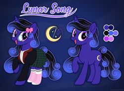 Size: 3174x2332 | Tagged: safe, artist:lovinglypromise, oc, oc:lunar song, pony, unicorn, clothes, eye clipping through hair, female, horn, jacket, mare, reference sheet, shoes, skirt, solo