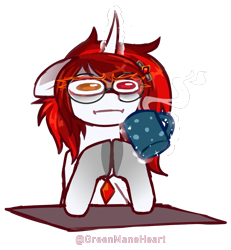 Size: 1200x1300 | Tagged: safe, artist:greenmaneheart, oc, oc:hallowed thorn, pony, unicorn, :i, coffee mug, horn, i mean i see, magic, mug, simple background, solo, transparent background