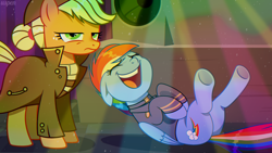 Size: 1916x1080 | Tagged: safe, artist:uspen, applejack, rainbow dash, earth pony, pegasus, pony, fallout equestria, g4, clothes, coat, complex background, dissatisfied, ears back, eyes closed, folded wings, freckles, frown, hair bun, hat, indoors, laughing, party, pre-war, raised hoof, rubber band, sweater, uniform, wings