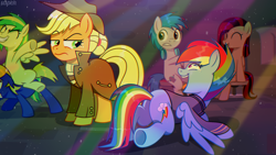 Size: 1916x1080 | Tagged: safe, artist:uspen, applejack, rainbow dash, oc, oc:bronydanceparty, oc:sayonara maxwell, oc:the living tombstone, oc:wooden toaster, earth pony, pegasus, pony, fallout equestria, g4, bewilderment, chair, clothes, coat, couch, crying, dissatisfied, female, hat, headphones, laughing, male, mare, party, pre-war, raised hoof, ride, rider, rubber band, spread wings, stallion, sweater, tears of laughter, teeth, uniform, wings