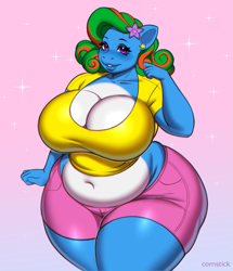 Size: 1587x1842 | Tagged: safe, artist:cornstick, oc, oc only, oc:thalia blu, original species, shark, shark pony, anthro, bbw, belly, belly button, big breasts, blue coat, breasts, busty oc, chubby, cleavage, clothes, curly hair, ear piercing, earring, eyebrows, eyelashes, fat, female, female oc, flower, flower in hair, gradient background, hair twirl, hips, huge breasts, jewelry, legs together, lidded eyes, lips, looking at you, midriff, piercing, purple eyes, shark pony oc, shirt, shorts, smiling, smiling at you, solo, sparkles, stars, t-shirt, two toned hair, wide hips