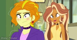 Size: 1536x791 | Tagged: safe, artist:jenna56, adagio dazzle, oc, oc:jenna penstar, human, equestria girls, g4, allegro amoroso, canterlot high, duo, female, indoors, lockers, male, rule 63