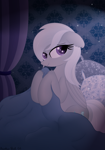 Size: 2825x4032 | Tagged: safe, artist:rainbowšpekgs, silverspeed, pegasus, pony, g4, bed, bedroom, blanket, curtains, cute, female, indoors, lidded eyes, looking at you, mare, on bed, pillow, sitting, sleepy, smiling, solo