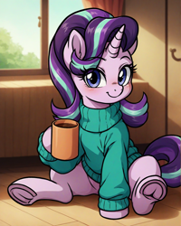 Size: 2024x2536 | Tagged: safe, ai composition, ai content, generator:autismmix_confetti, prompter:bendy and boney, starlight glimmer, pony, unicorn, g4, blushing, clothes, cute, drink, eye clipping through hair, eyebrows, eyebrows visible through hair, female, frog (hoof), glimmerbetes, happy, hoof hold, horn, indoors, looking at you, mare, mug, sitting, smiling, smiling at you, solo, sweater, underhoof