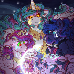 Size: 1000x1000 | Tagged: safe, artist:binibean, princess cadance, princess celestia, princess luna, twilight sparkle, alicorn, pegasus, pony, unicorn, g4, alicorn tetrarchy, cracking skin, ears back, eye mist, female, implied daybreaker, implied midnight sparkle, implied nightmare moon, mare, pegasus cadance, pegasus luna, pink mane, race swap, s1 luna, twilight sparkle (alicorn), unicorn celestia, unicorn twilight