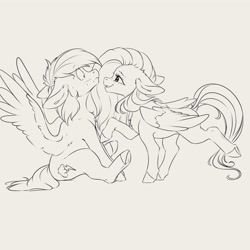 Size: 4000x4000 | Tagged: safe, artist:miokomata, fluttershy, rainbow dash, pegasus, pony, g4, assertive fluttershy, bedroom eyes, blushing, chest fluff, duo, duo female, female, flustered, freckles, freckleshy, gray background, grayscale, lesbian, mare, monochrome, pinpoint eyes, ship:flutterdash, shipping, simple background, sitting, spread wings, standing on two hooves, sweat, wings