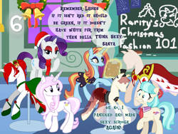 Size: 1440x1080 | Tagged: safe, artist:bronybyexception, coco pommel, fleur-de-lis, rarity, sassy saddles, earth pony, pony, unicorn, g4, advent calendar, christmas, christmas wreath, clipboard, clothes, ear piercing, ear studs, female, friendship school, hat, holiday, horn, lingerie, makeup, mannequin, mare, piercing, ponyquin, santa hat, scarf, wreath