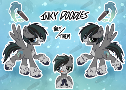 Size: 2000x1430 | Tagged: safe, artist:doodlesinky, oc, oc only, oc:inky doodles, pegasus, abstract background, adversarial noise, blaze (coat marking), chest fluff, coat markings, ear fluff, ear piercing, facial markings, fluffy, lip piercing, messy mane, nose piercing, nose ring, pegasus oc, piercing, pronouns, reference sheet, unshorn fetlocks