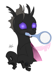 Size: 798x1078 | Tagged: safe, artist:bjsampson, oc, oc only, oc:ace shot, oc:asilious, changeling, blushing, changeling oc, female, nervous, purple changeling, simple background, solo, tennis racket, transparent background